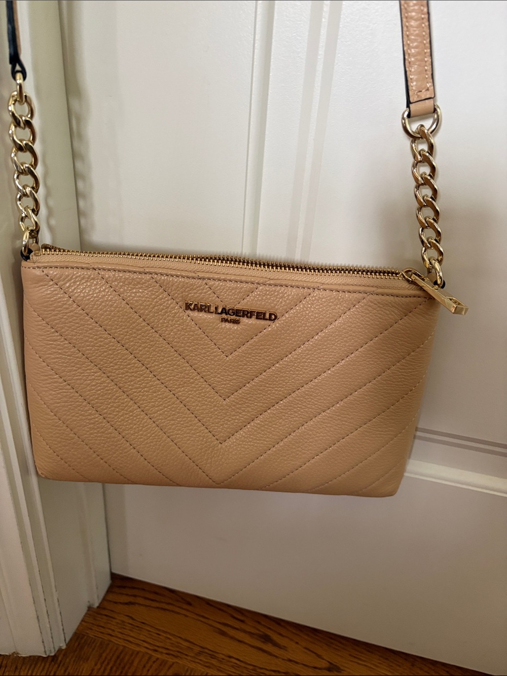 Karl Lagerfeld Blush Quilted Chevron Crossbody with Gold Chain Strap